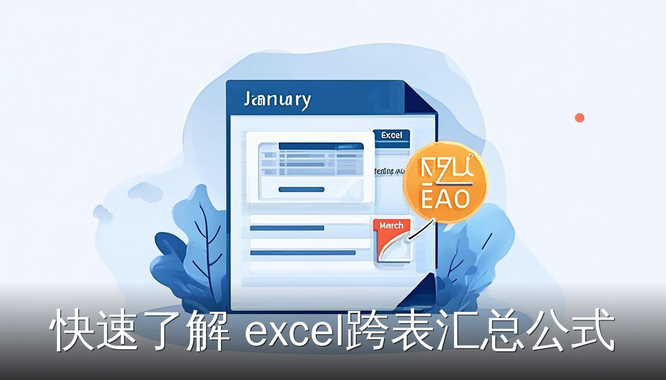 Excel跨表汇总公式的扁平插画，展示三个工作表标签指向汇总表格