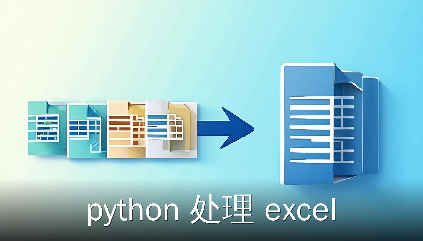 多个Excel文件合并为一个文件的扁平插画，展示Python处理Excel合并拆分