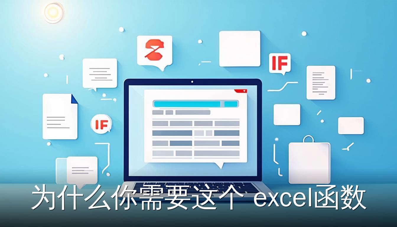 Excel函数教程视频的扁平插画，展示笔记本电脑屏幕上的Excel表格和函数图标